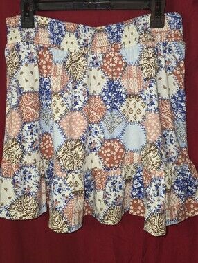 Boho Patchwork Print Ruffle Hem Women's Skirt - Multi